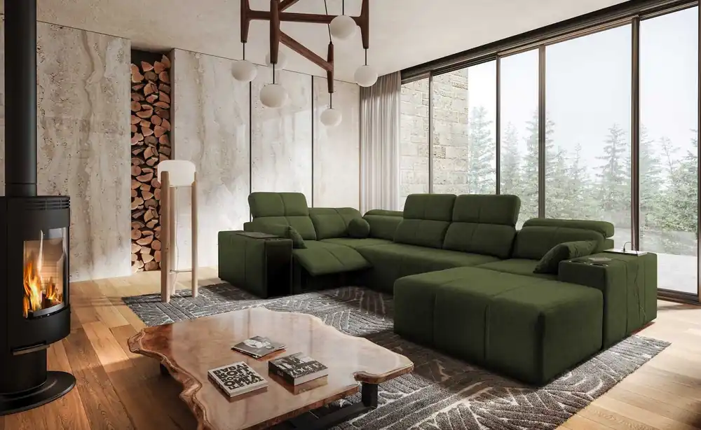 Neuheit Ecksofa mit Schlaffunktion Tesalia IV Lux grün rechtsseitig stilvolles Ecksofa mit ausziehbarem Fußteil und Schiebefunktion der Rückenlehne