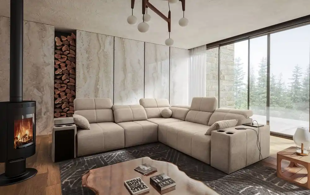Ecksofa mit Schlaffunktion Tesalia III beige links bequemes Ecksofa mit verschiebbarer Rückenlehne zwei Container für Bettzeug Heißes Angebot