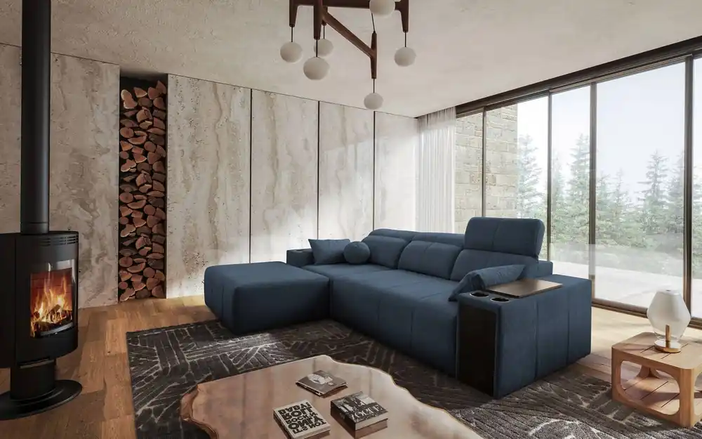 Ecksofa mit Schlaffunktion Tesalia blau links modernes Design komfortable Schiebelehne Schublade in der Seite des Möbels Heißes Angebot