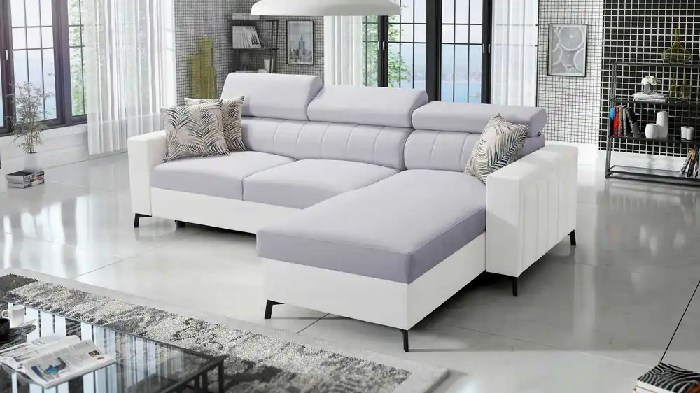 Preisreduziert Ecksofa mit Schlaffunktion Savona grau Esche / weiß rechts elegantes Ecksofa mit verstellbaren Kopfstützen Ziernähte