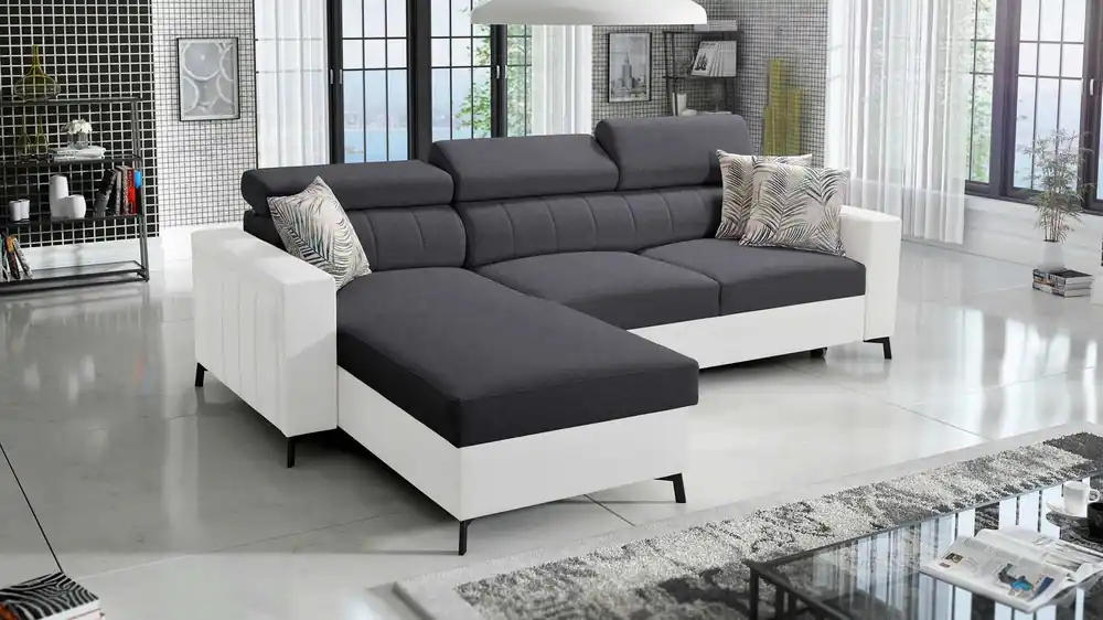 Ecksofa mit Schlaffunktion Savona graphit/weiß links elegantes Ecksofa verstellbare Kopfstützen Ziernähte Preisreduziert