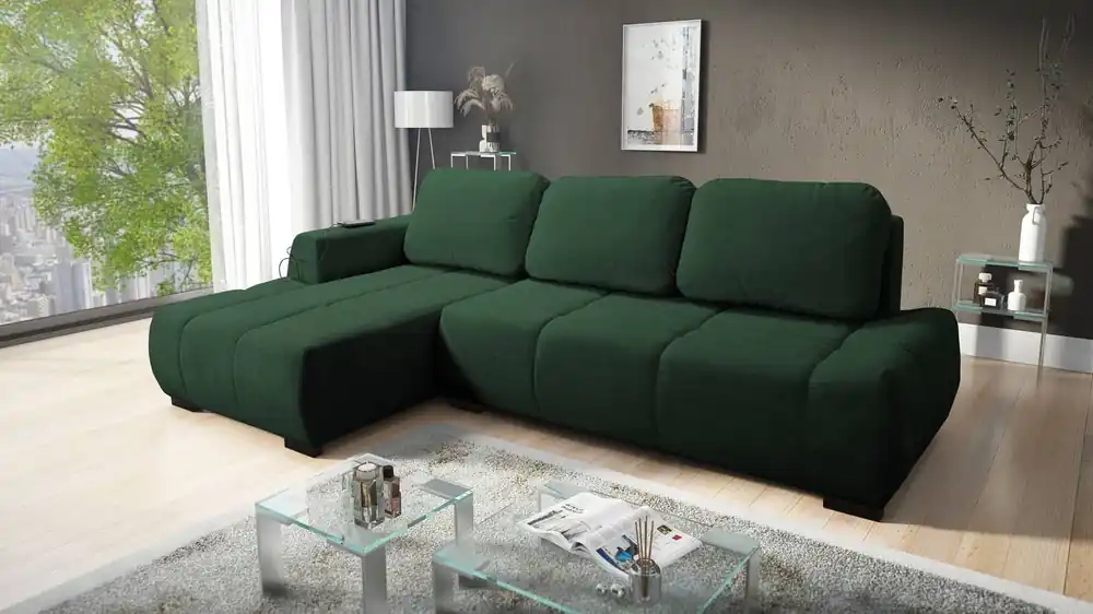 Markenprodukt Ecksofa mit Schlaffunktion Sanfte grüne linke Seite Stilvolles Design Ecksofa zeichnet sich durch seine abgerundete Form aus