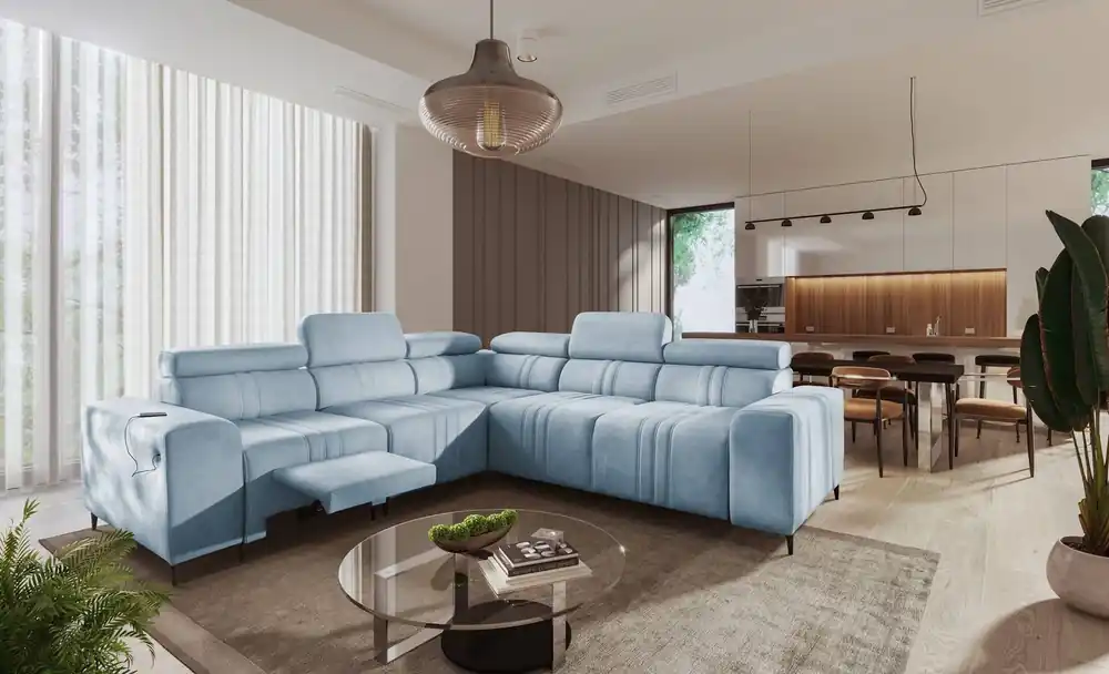 Geprüft Ecksofa mit Schlaffunktion Castel III Lux blau links äußerst bequemes Ecksofa für das Wohnzimmer mit ausziehbarer Fußstütze