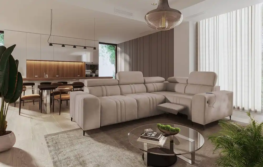 Ecksofa mit Schlaffunktion Castel II Lux hellbraun rechts bequemes Ecksofa für das Wohnzimmer mit komfortablem ausziehbarem Fußteil Highlight
