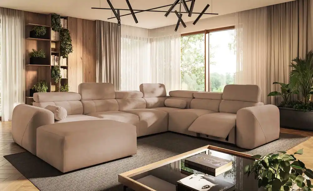 Direkt Vom Hersteller Ecksofa mit Schlaffunktion Cantare VIII Lux lachsfarbenes links Design-Ecksofa mit elektrisch hochgestelltem Fußteil