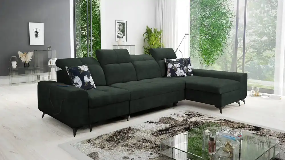 Bestseller Ecksofa mit Schlaffunktion Buffalo XII grün rechtsseitig stilvolles und funktionelles Ecksofa mit Bettzeugcontainer