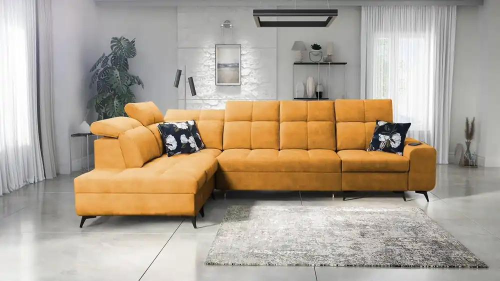 Ecksofa mit Schlaffunktion Buffalo XI gelb linke Seite stilvolles Ecksofa mit drei Bettkästen Velourstoff Highlight