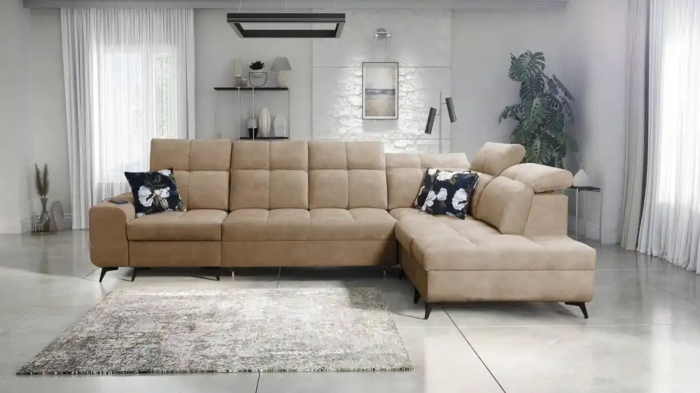 Ecksofa mit Schlaffunktion Buffalo XI dunkelbeige rechte Ecke Schlafsofa mit drei Bettkästen Velourstoff Beliebt