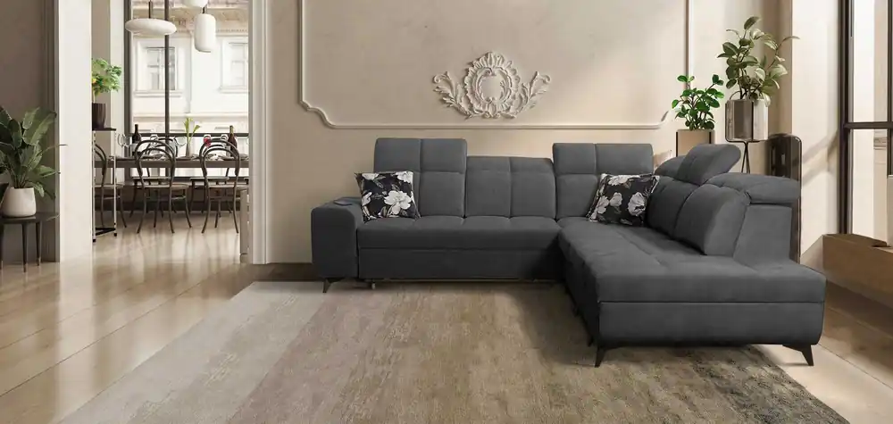 Expressversand Ecksofa mit Schlaffunktion Buffalo IX graphit rechte Seite stilvolles Ecksofa für Zimmer aus Veloursstoff Zierkissen