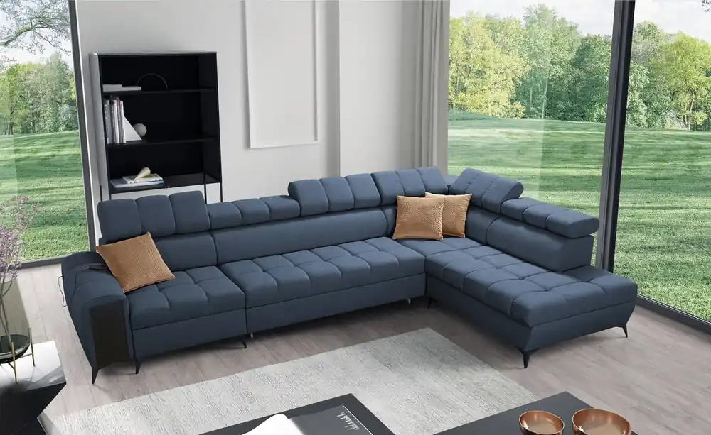 Mega-Angebot Ecksofa mit Schlaffunktion Bolmso XI blau rechte Seite stilvolles Design Ecksofa mit Schublade und Bettzeugcontainer