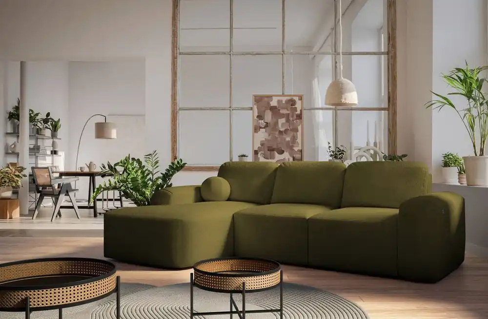 Schnäppchen Ecksofa mit Schlaffunktion Arbon oliv links modernes Eckdesign mit markanter Form weicher Stoff