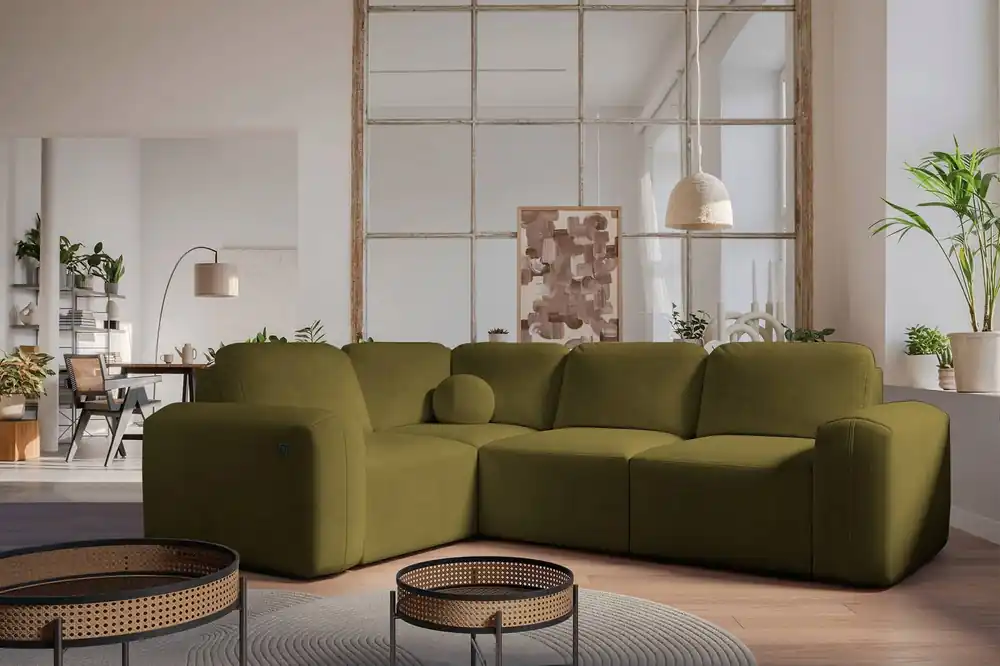 Ecksofa mit Schlaffunktion Arbon II oliv linke Seite stilvolles Design charakteristische runde Form Bettkasten Top-Seller