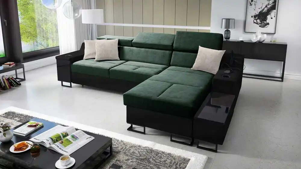 Top-Angebot Ecksofa mit Schlaffunktion Alcamo grün/schwarz rechts elegantes und stilvolles Ecksofa mit einer ausziehbaren praktischen Schublade an der Seite des Möbels