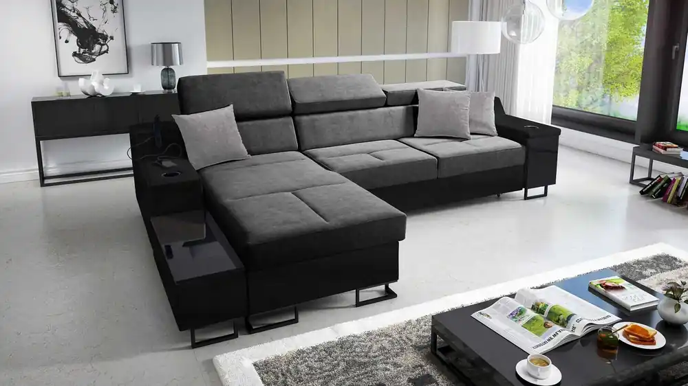 Ecksofa mit Schlaffunktion Alcamo grau/schwarz links elegantes und stilvolles Ecksofa mit einer ausziehbaren praktischen Schublade an der Seite des Möbels Sonderangebot