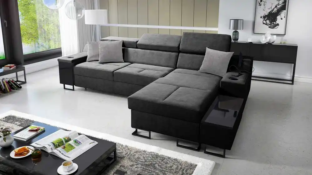 Ecksofa mit Schlaffunktion Alcamo grau rechte Ecke elegantes und stilvolles Ecksofa mit einer ausziehbaren praktischen Schublade an der Seite des Möbels Ausverkauf