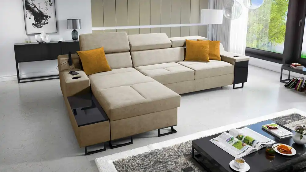 Ecksofa mit Schlaffunktion Alcamo beige links elegantes und stilvolles Ecksofa mit einer ausziehbaren praktischen Schublade an der Seite des Möbels Sonderangebot