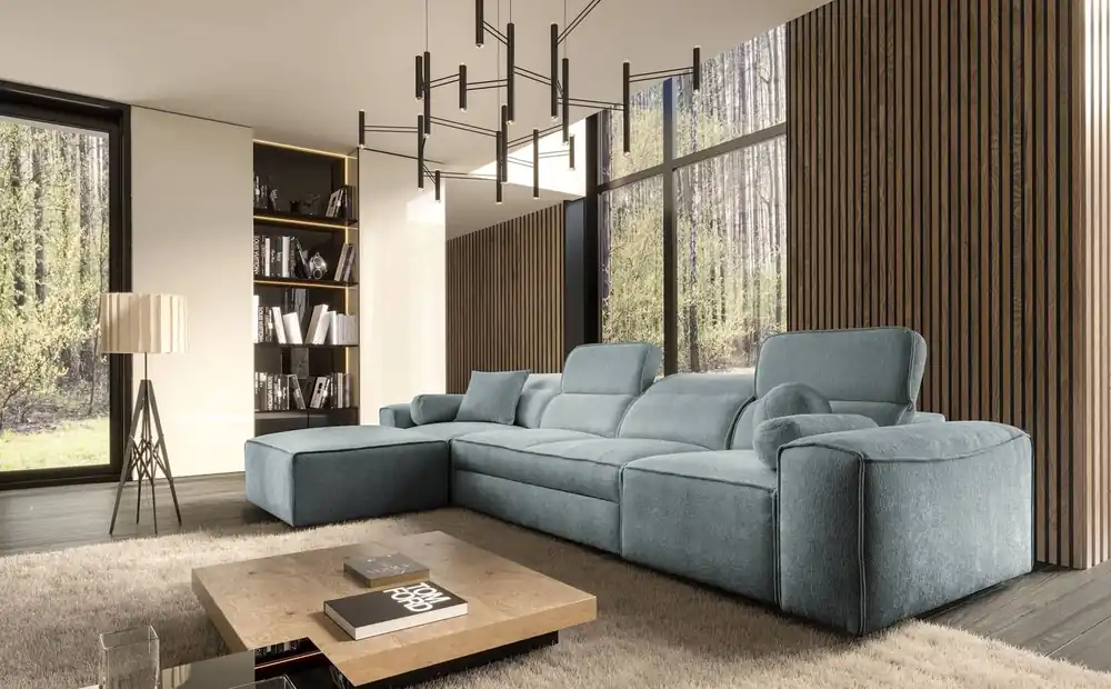 Ecksofa mit Schlaffunktion Viano XII grau blau linkes Ecksofa mit interessanter Form verstellbare Kopfstützen Zierkissen Top-Seller