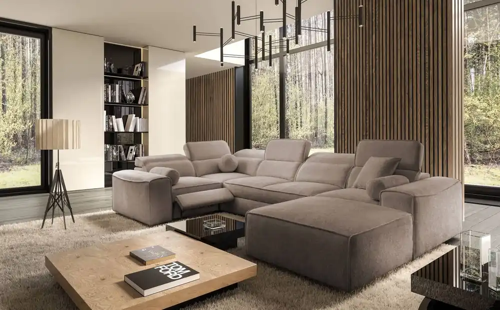 Sonderaktion Ecksofa mit Schlaffunktion Viano IV Lux hellbraun rechtes Ecksofa mit ausziehbarem Fußteil großer Stauraum für Bettzeug