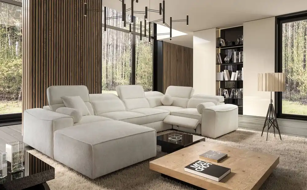 Begrenztes Angebot Ecksofa mit Schlaffunktion Viano IV Lux creme links Design-Ecksofa mit ausziehbarem Fußteil großer Bettzeugbehälter