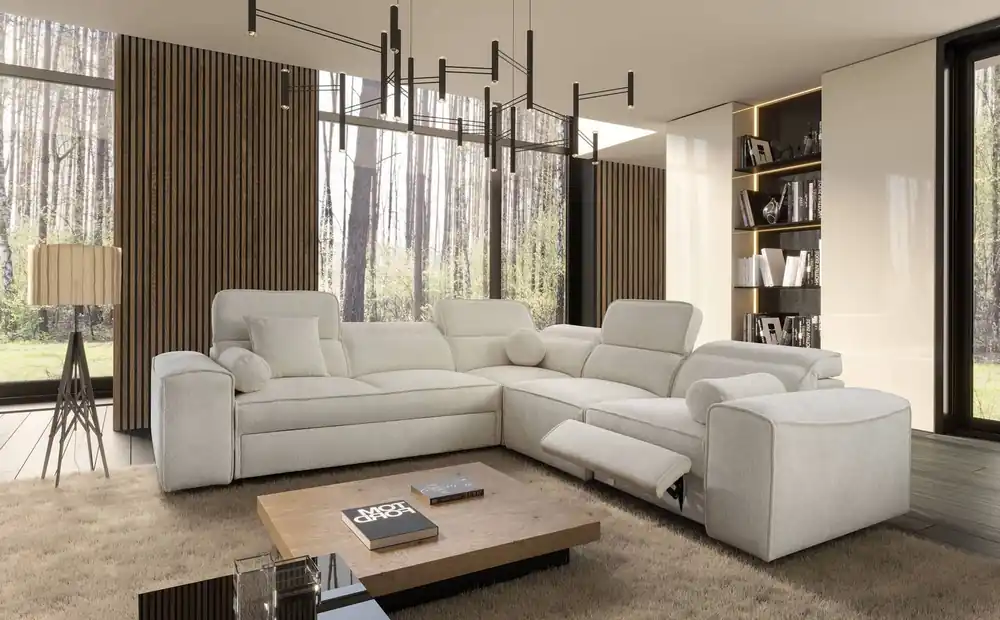 Ecksofa mit Schlaffunktion Viano III Lux cremefarbenes rechtes Ecksofa für das Wohnzimmer mit ausziehbarem Fußteil Bettwäschecontainer Neue Kollektion
