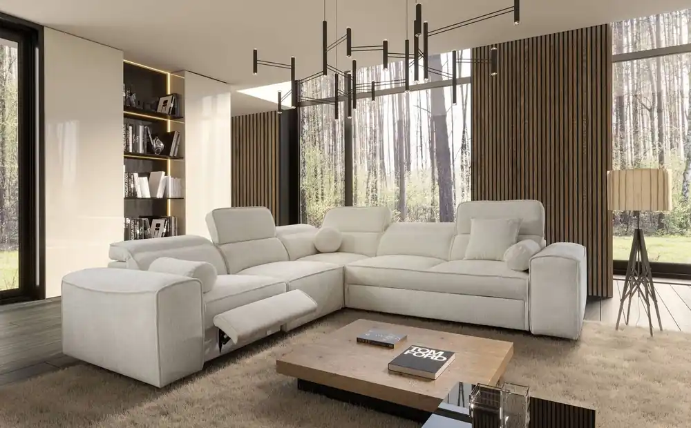 Ecksofa mit Schlaffunktion Viano III Lux creme links modernes Ecksofa für Wohnzimmer mit ausziehbarem Fußteil Bettwäschecontainer Neuheit