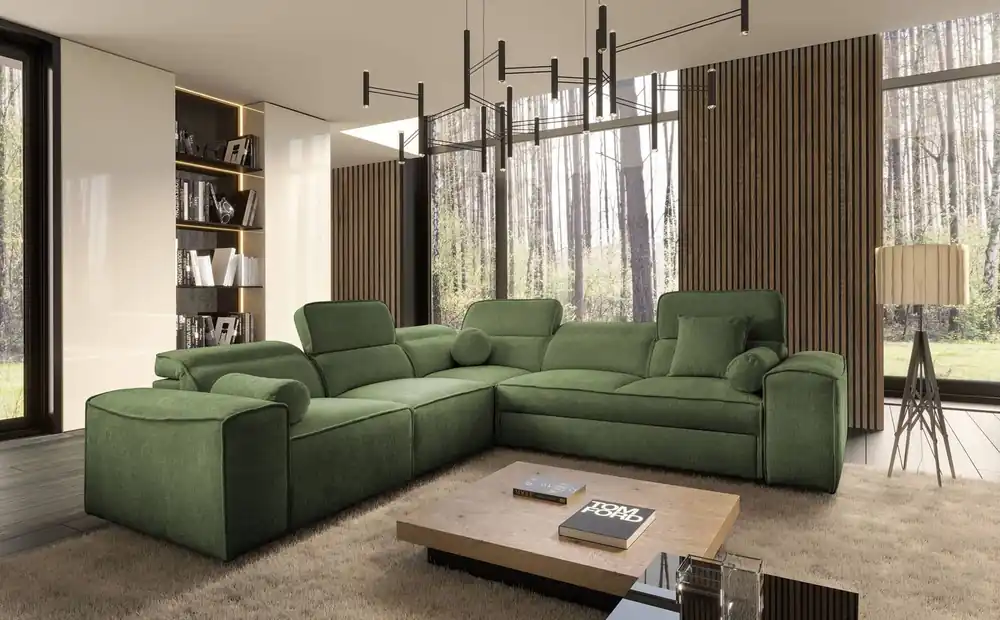 Ecksofa mit Schlaffunktion Viano III grün links stilvolles Ecksofa mit Bettzeugcontainern perfekt für moderne Interieurs Letzte Chance