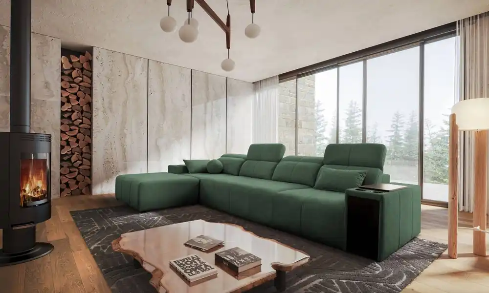 Must-Have Ecksofa mit Schlaffunktion Tesalia XII mint links modernes Design komfortable Schiebe-Rückenlehne Schublade in der Seite des Möbels