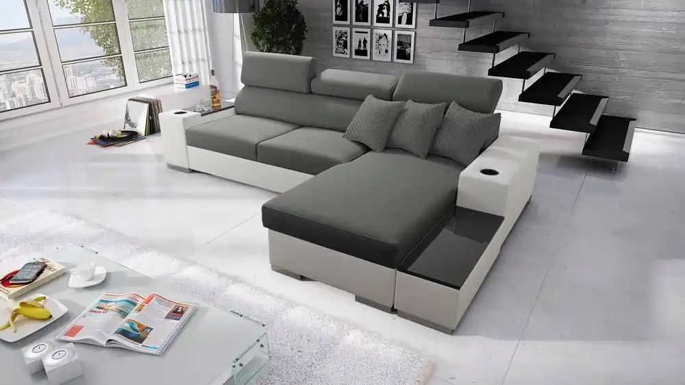 Echt Ecksofa mit Schlaffunktion Provo grau / weiß rechtes Ecksofa mit Bettkasten und Funktionserweiterung