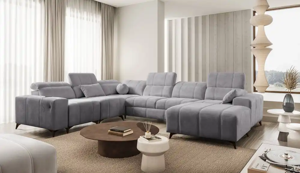 Ecksofa mit Schlaffunktion Penejos VIII hellgrau rechtshändig stilvolles Ecksofabett aus strapazierfähigem Stoff Finale Aktion