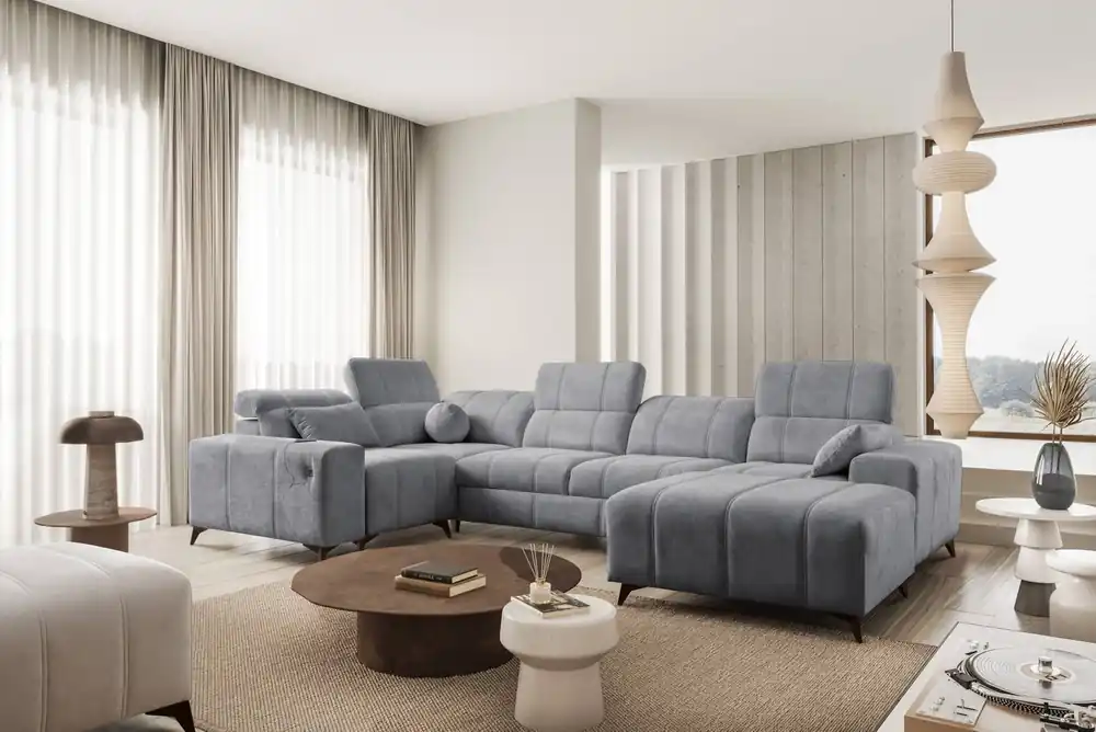 Ecksofa mit Schlaffunktion Penejos IV grau rechtsseitig stilvolles Ecksofa mit zwei Bettkästen strapazierfähiger Stoff Neue Ware
