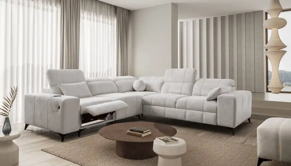 Ecksofa mit Schlaffunktion Penejos III Lux grau Esche links Ecksofa für Wohnzimmer mit ausziehbarem Fußteil Bettwäschecontainer Knallerangebot