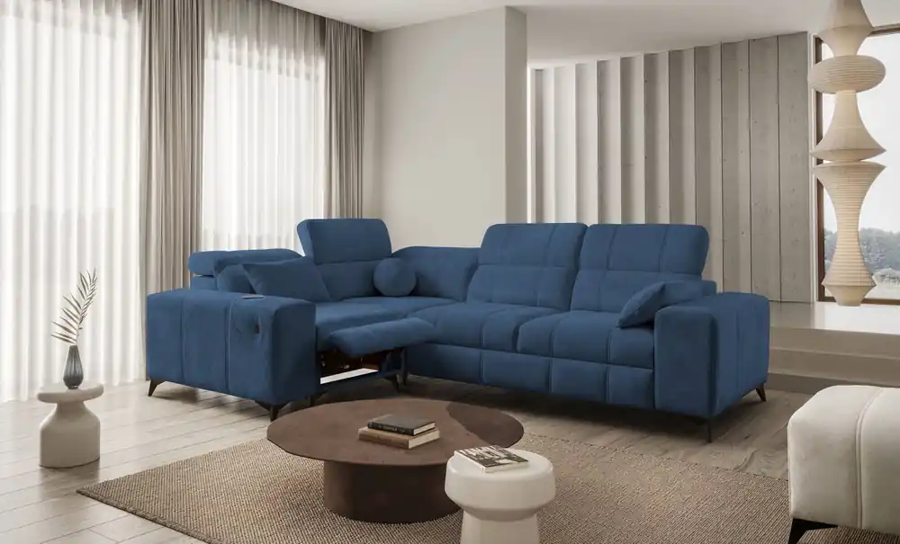 Expressversand Ecksofa mit Schlaffunktion Penejos II Lux blau links komfortables Ecksofa für das Wohnzimmer mit bequemer ausziehbarer Fußstütze