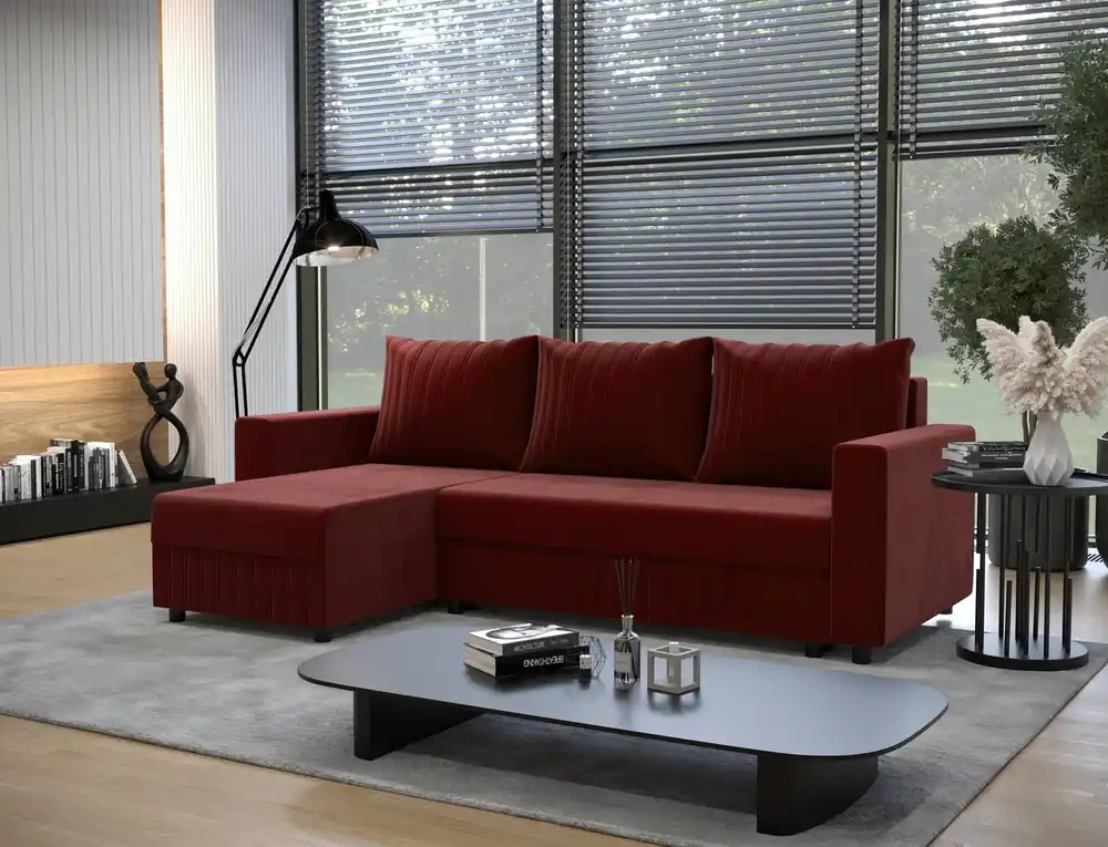 Ecksofa mit Schlaffunktion Pasco burgunderrot linkes klassisches Ecksofa, das sich in jedes Dekor einfügt Ziernähte Neu