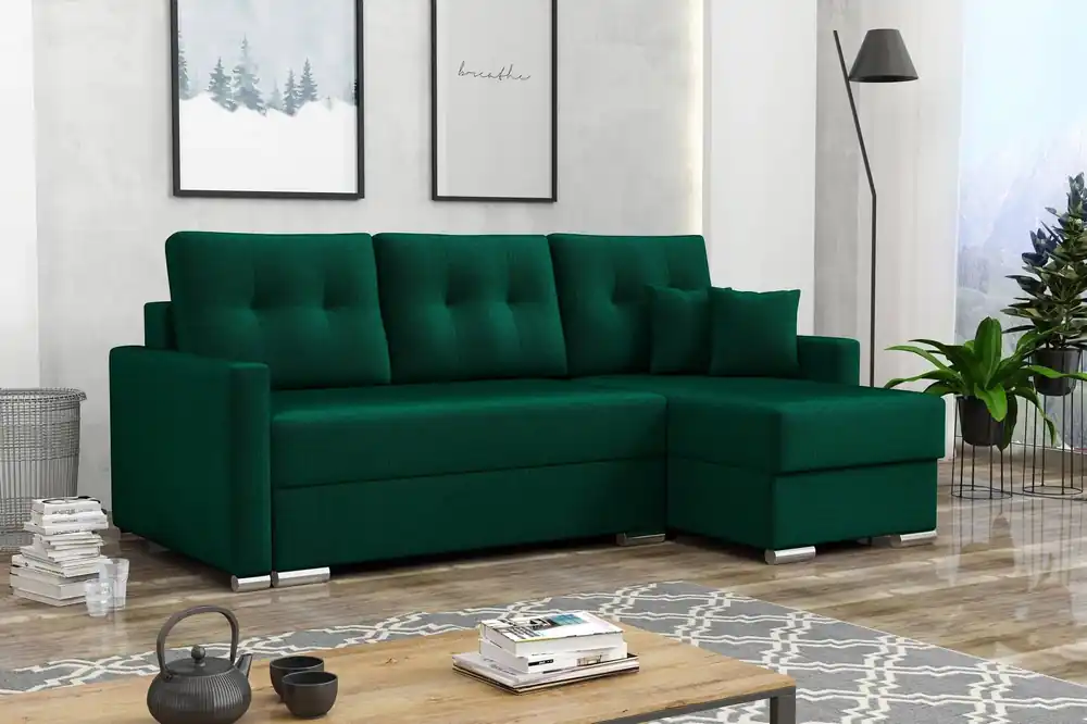 Ecksofa mit Schlaffunktion Neron Flasche grün rechte Seite garantiert höchsten Komfort und Funktionalität Günstig