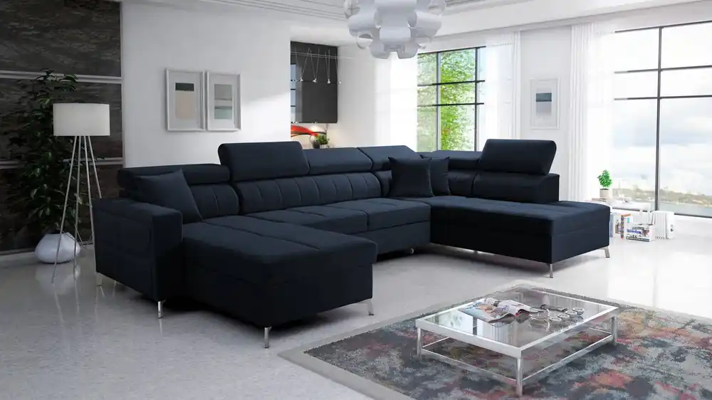 Preiswert Ecksofa mit Schlaffunktion Nausa VI marineblau links stilvolles Ecksofa für Wohnzimmer mit komfortabler Verarbeitung weichen Samtstoff