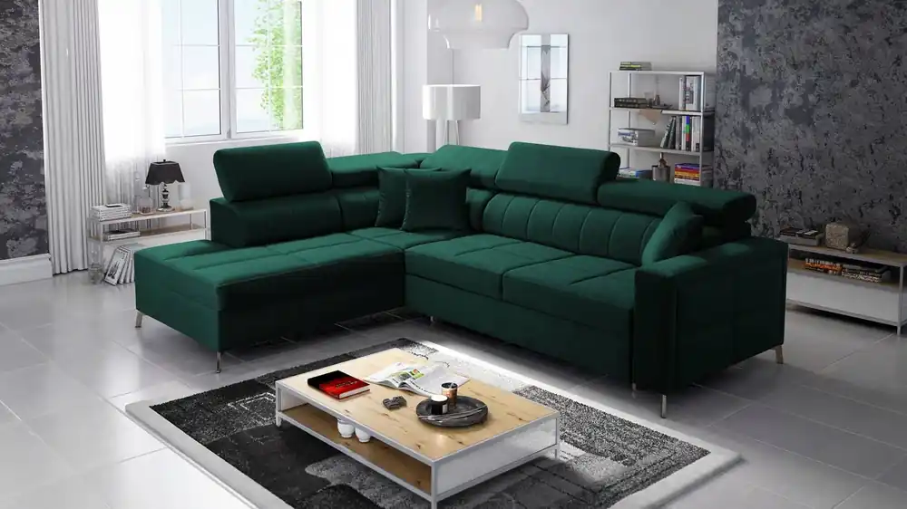 Ecksofa mit Schlaffunktion Nausa III Flasche grün links Samt bequemes Ecksofa verstellbare Kopfstützen Container für Bettzeug Aktuell