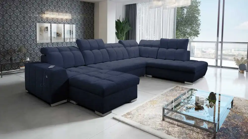 Ecksofa mit Schlaffunktion Luigi VI marineblau links stilvolles Ecksofa mit Bettzeugcontainern, bezogen mit weichem Stoff Garantierte Lieferung