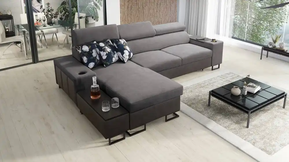 Beliebt Ecksofa mit Schlaffunktion Flavio grau / graphit links elegantes Ecksofa mit einer seitlich zu öffnenden Verlängerungsstange