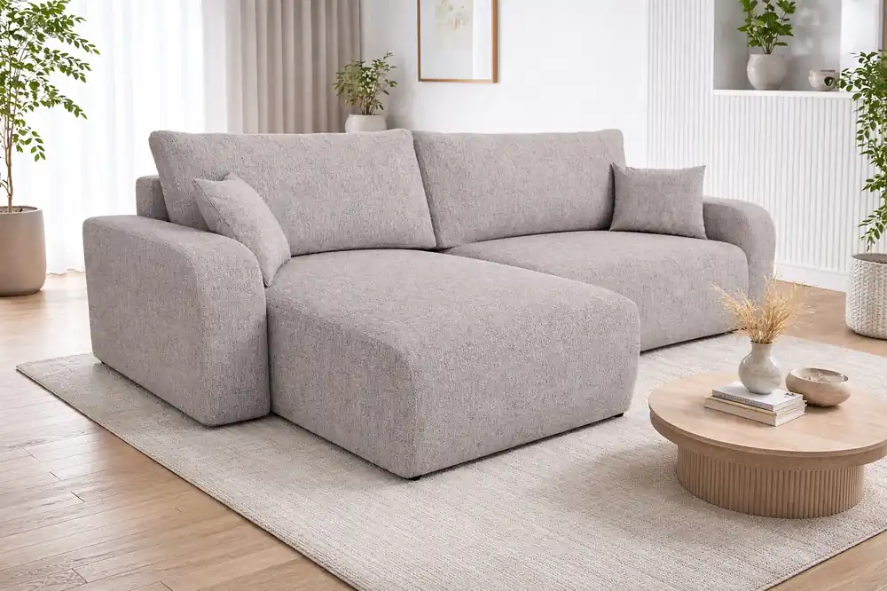 Ecksofa mit Schlaffunktion Fiesta XL beige universal Ecksofa mit Stauraum für Bettzeug strapazierfähiges Webstoffgewebe Rabatt