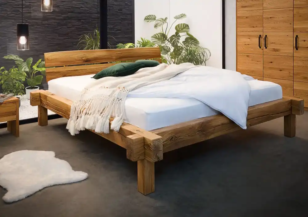 Neue Ware Balkenbett Wildeiche 180x200x85 cm natur geölt JANGALI #712