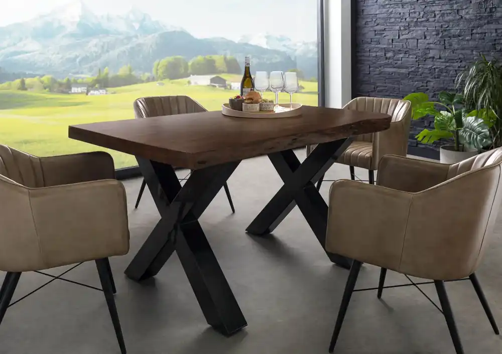 Baumtisch Akazie 140x90x77 braun lackiert / X-Beine anthrazit glänzend FREEFORM 5 Neue Kollektion