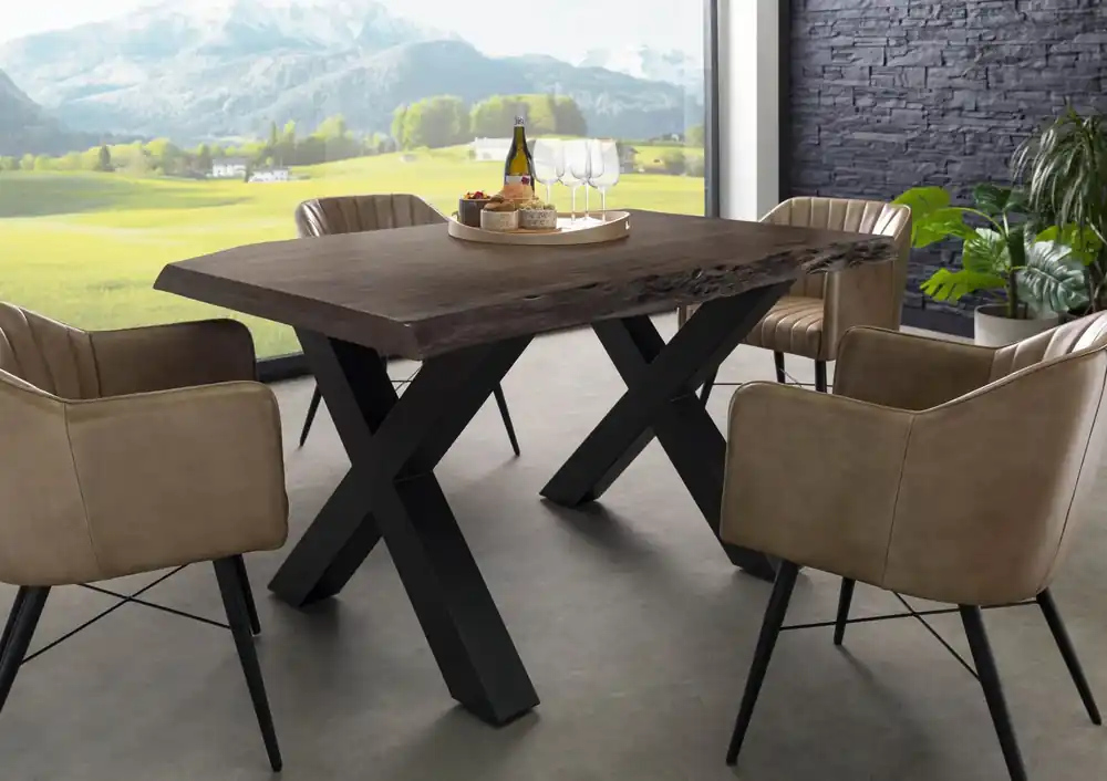 Echt Baumtisch Akazie 140x90x77 grau lackiert / X-Beine anthrazit matt FREEFORM 5