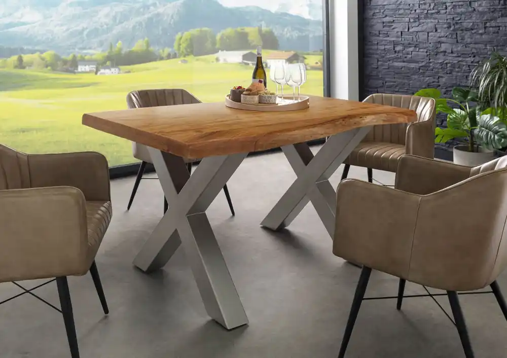 Baumtisch Akazie 160x90x77 Akazie natur lackiert / X-Beine silber matt FREEFORM 5 Markenware