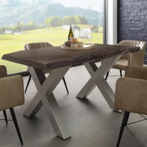 Baumtisch Akazie 160x90x77 grau lackiert / X-Beine silber matt FREEFORM 5 Garantierte Lieferung