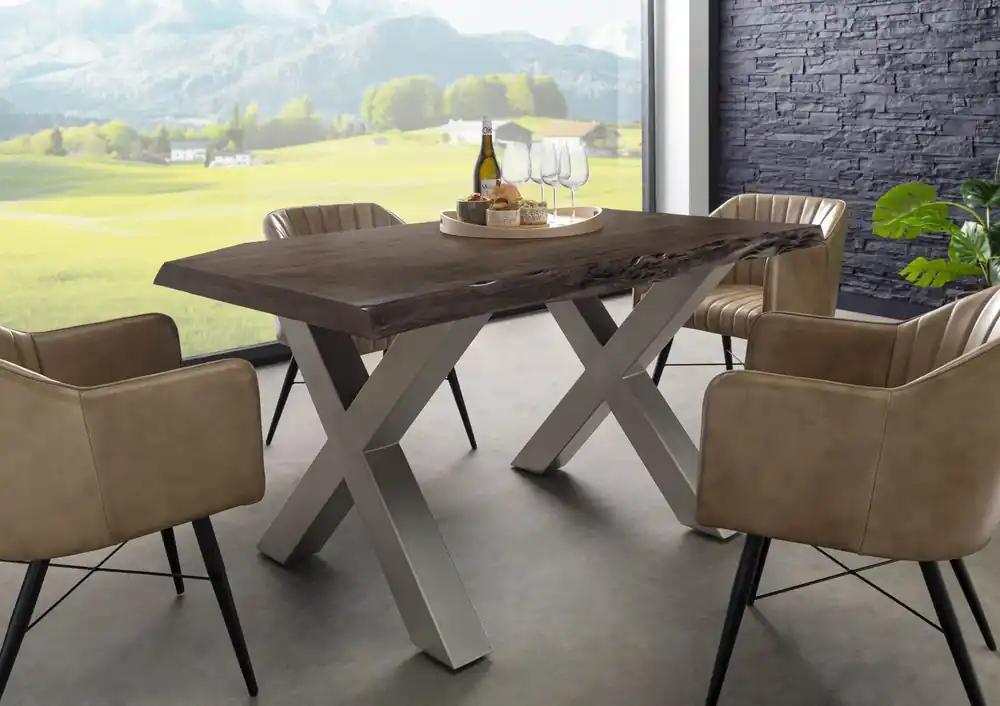Baumtisch Akazie 160x90x77 grau lackiert / X-Beine silber matt FREEFORM 5 Garantierte Lieferung