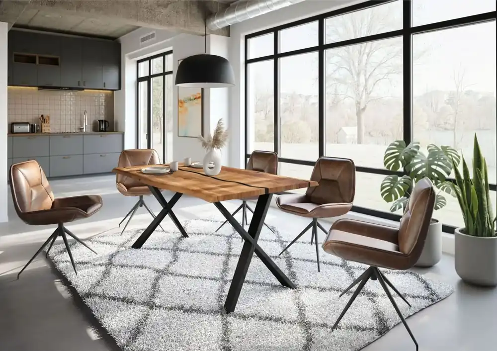 Baumtisch Akazie 160x90x76 natur lackiert / Epoxid schwarz, ausgestellte X-Beine anthrazit matt EPOXY Saisonangebot