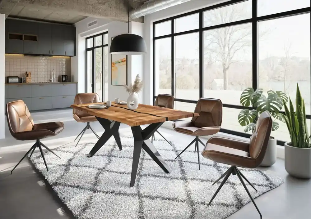 Preisknaller Baumtisch Akazie 160x90x76 natur lackiert / Epoxid schwarz, Sterngestell anthrazit glänzend EPOXY