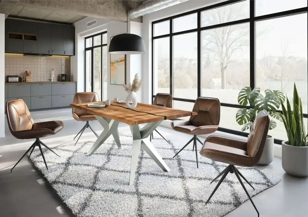 Baumtisch Akazie 160x90x76 natur lackiert / Epoxid schwarz, Sterngestell silber matt EPOXY Neue Ware