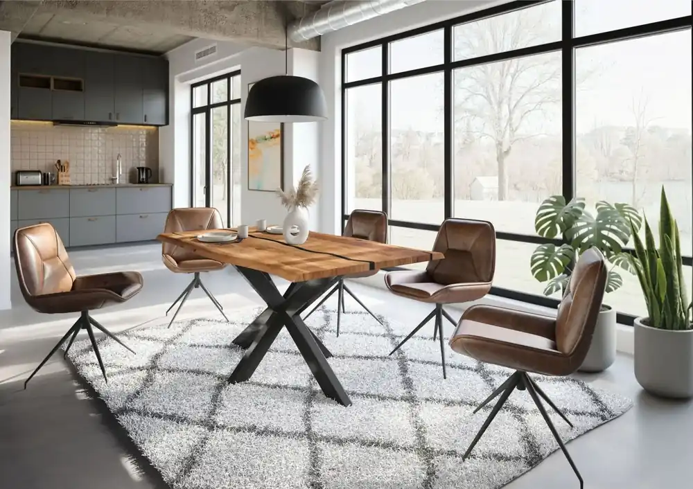 Top-Preis Baumtisch Akazie 180x90x74 natur lackiert / Epoxid schwarz, Kreuzgestell anthrazit glänzend EPOXY