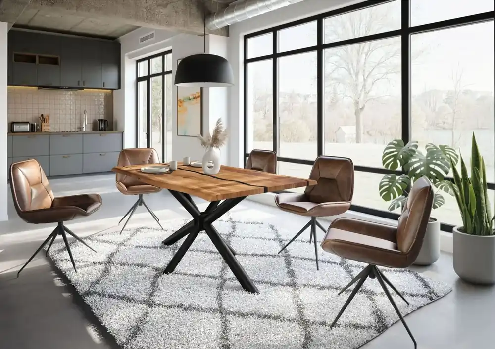 Expressversand Baumtisch Akazie 180x90x74 natur lackiert / Epoxid schwarz, Kreuzgestell rund anthrazit matt EPOXY